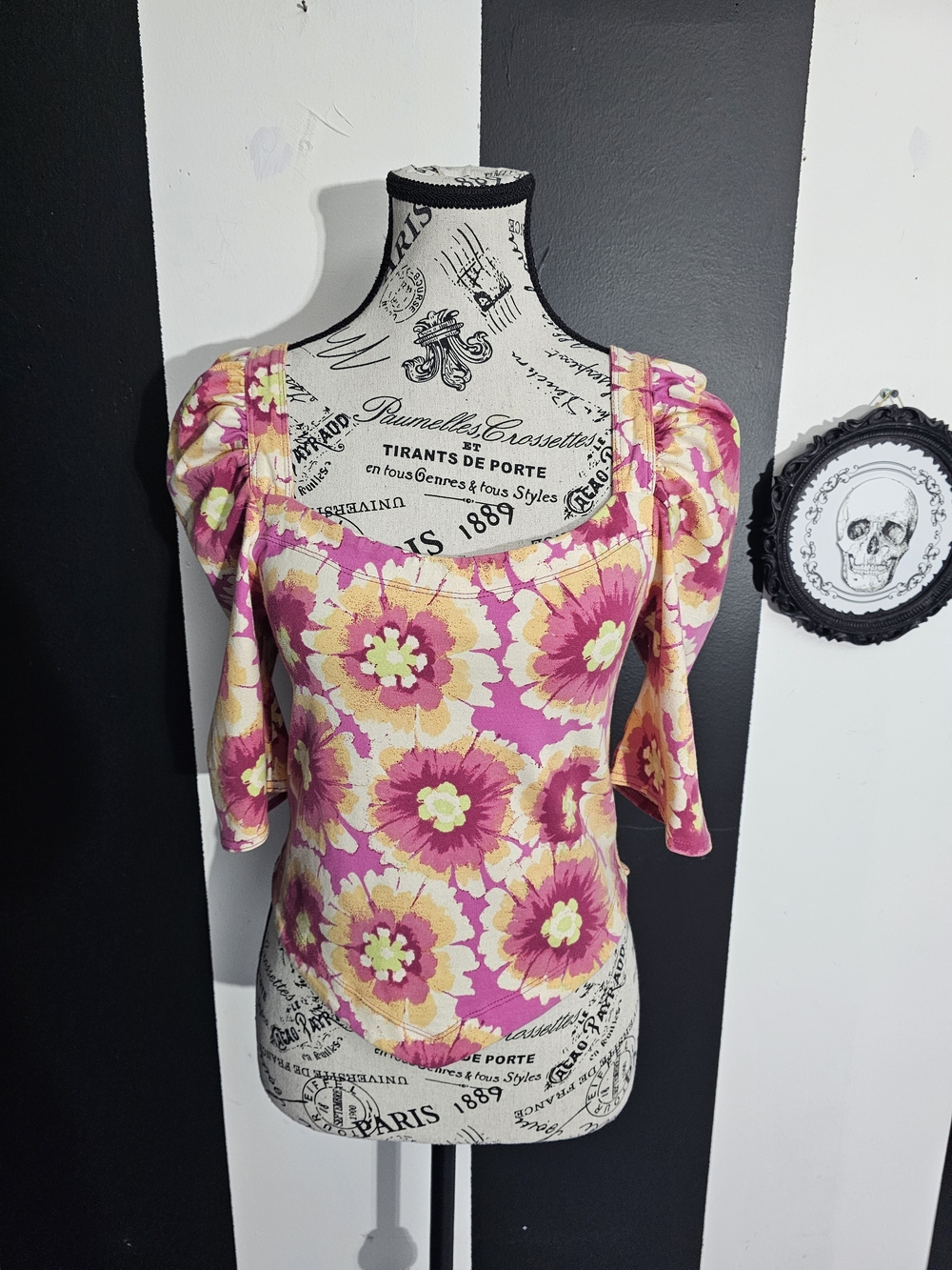 Free People Pink Floral Square-Neck Puff-Sleeve Top